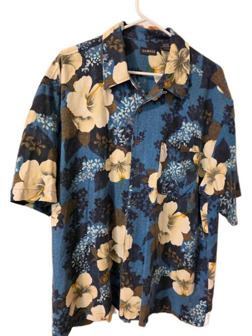 George Mens Blue Floral Hawaiian Shirt X-Large 100% Silk Short Sleeve Button-Up